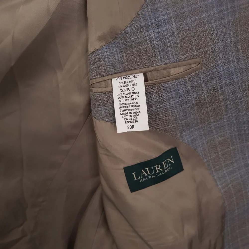 Lauren Ralph Lauren Blazer Mens 50R Tan Blue Plaid Silk Wool Sport Coat Jacket